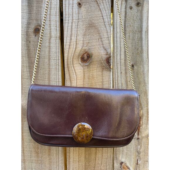Vintage Chocolate Leather Shoulder Bag with Sculptural Faux Stone Clasp - Picture 1 of 5